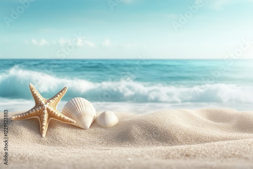 A beautiful painting shows a starfish and seashell on a beach photo