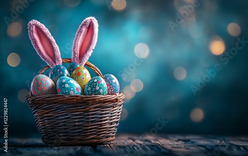 Colorful Easter eggs with bunny ears displayed in a woven basket on a wooden surface during a festive spring celebration