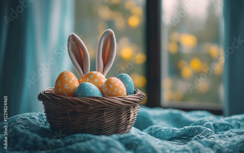 Colorful Easter eggs in a basket with bunny ears on a cozy blanket near a window