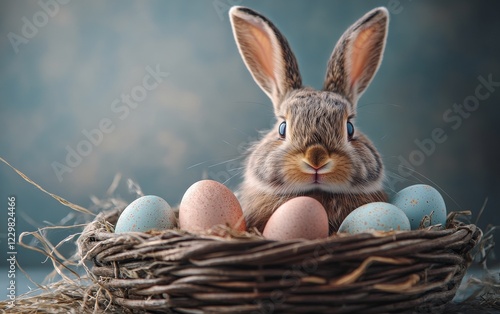 Cute rabbit surrounded by colorful eggs in a nest on a pastel background during spring celebration