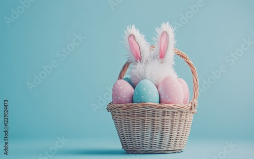 Colorful Easter eggs in a wicker basket with bunny ears against a blue background