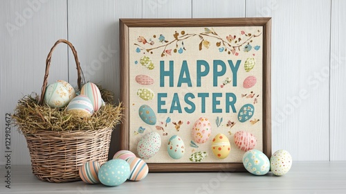 Colorful Easter display with a decorative basket and handcrafted eggs set against a rustic wooden background