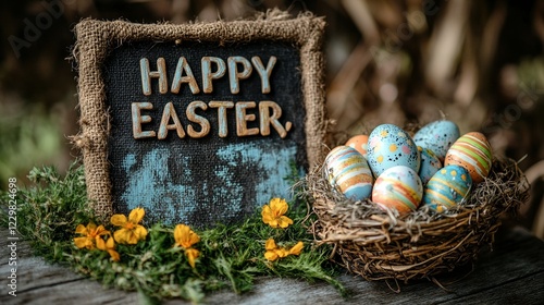 Colorful Easter eggs and a festive sign create a cheerful spring atmosphere in the garden setting