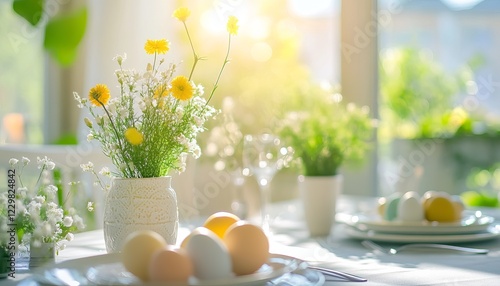 Spring dining table setting with blooming flowers and pastel Easter eggs in warm sunlight