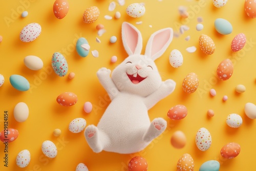 Cute white bunny surrounded by colorful easter eggs on a bright yellow background delights in a joyful spring celebration
