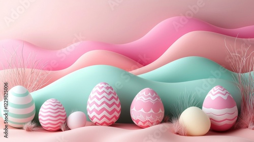 Colorful Easter eggs arranged on soft pastel waves in a serene spring landscape