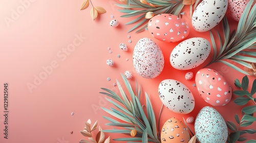 Colorful decorated Easter eggs arranged among tropical leaves on a vibrant pink background