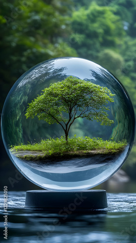 Glass orb tree nature scene, forest backdrop