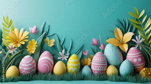 Colorful Easter eggs and spring flowers create a festive display against a vibrant teal background