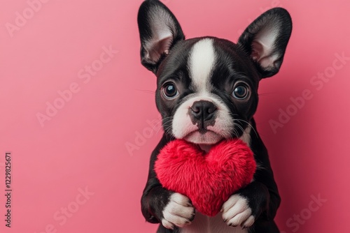 Cute boston terrier pooch with fluffy red heart - sign of love, funny greeting card. Boston terrier - my treasured dog. Marketing drawing. February 14 inspiration. Dog with love sign. photo