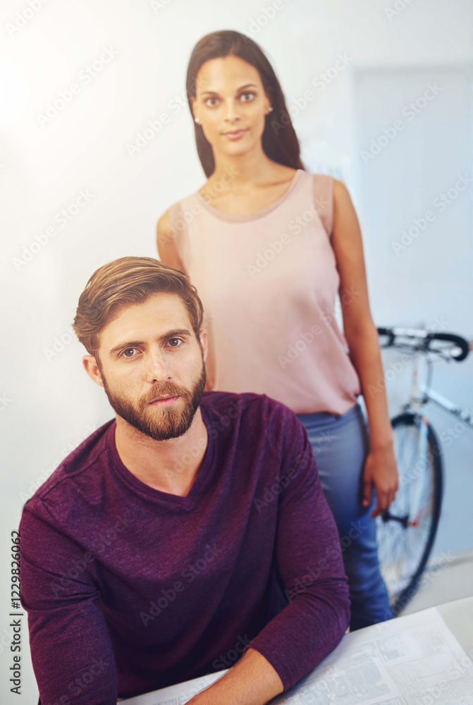 Obraz premium Architect, man and woman with blueprint at office with documents, pride and sustainable property development. People, partnership and floor plan with creativity, portrait and real estate in Spain