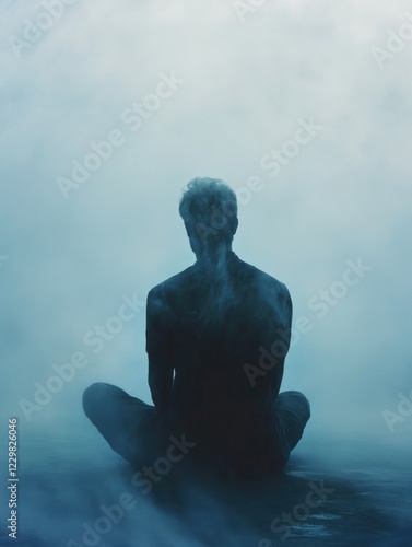 Meditative figure in misty waters serene environment digital calming atmosphere photo