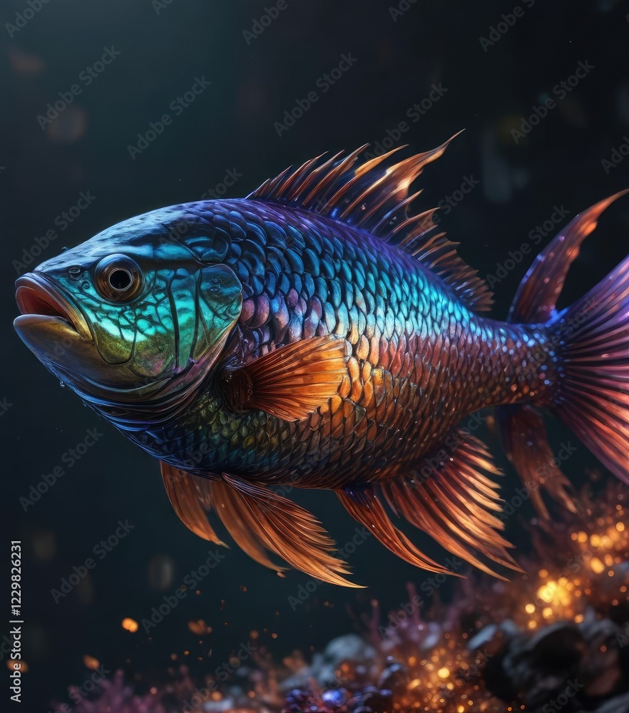 Iridescent fish with scales that shine like embers on black canvas, fiery, colorful
