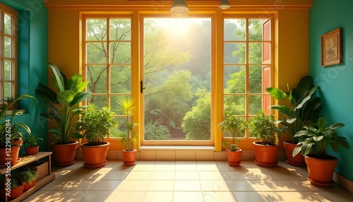 Bright indoor room with yellow and turquoise walls, large windows, and potted plants