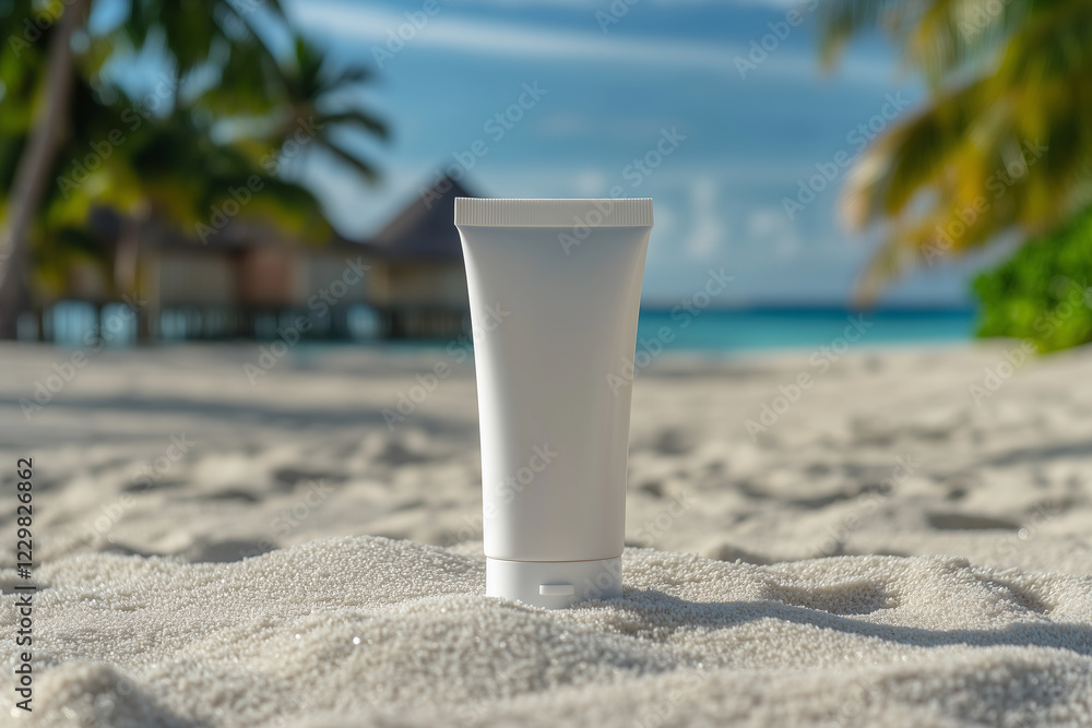 Cosmetics tube resting on soft sand with beautiful Maldives beach in the background at sunny day Cosmetics tube resting on soft sand with beautiful Maldives beach in the background at sunny day