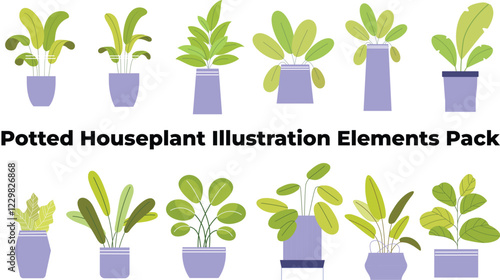 Potted Houseplant Illustration Elements Pack A variety of cute and stylish potted houseplants, perfect for interior design or nature-inspired projects.