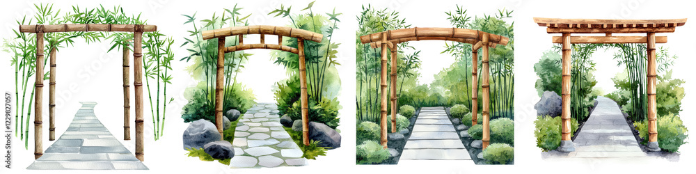Serene Japanese Zen Garden Landscape with Winding Stone Pathway Bamboo Arched Entrances and Decorative Stone Bridge in a Tranquil Natural Setting Serene Japanese Zen Garden Landscape with Winding Stone Pathway Bamboo Arched Entrances and Decorative Stone Bridge in a Tranquil Natural Setting