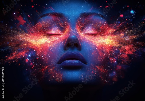 Wallpaper Mural Ethereal Beauty Surrounded by Cosmic Colors and Abstract Splashes of Light in a Dreamlike Portrait with a Calm Expression on a Dark Background Torontodigital.ca