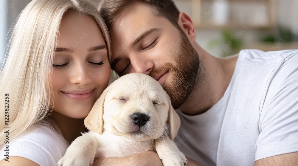 Couple holding sleeping puppy with closed eyes in a close up shot with soft focus background Couple holding sleeping puppy with closed eyes in a close up shot with soft focus background