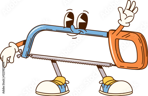 Groovy fretsaw cartoon character for repair, construction and DIY tool emoji, vector personage. Groovy fretsaw or hacksaw with happy smile on funny face, carpentry or repair saw tool cartoon character