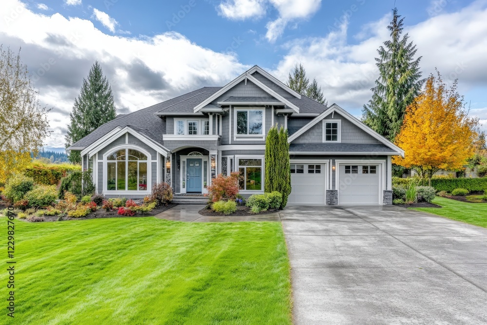 A beautiful house with a green lawn and lovely walkway A beautiful house with a green lawn and lovely walkway