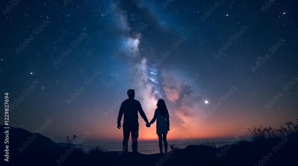 The romantic atmosphere for the couple in love, which looks at the night starry sky, where the Milky Way is visible. Landscape with silhouettes. The romantic atmosphere for the couple in love, which looks at the night starry sky, where the Milky Way is visible. Landscape with silhouettes.