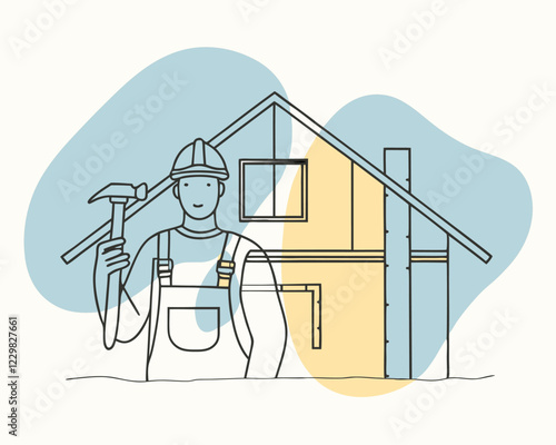 Un trabajador sonriente con casco y martillo se ubica frente a una casa en construcción. Los tonos azules y amarillos realzan la atmósfera de optimismo y progreso.
