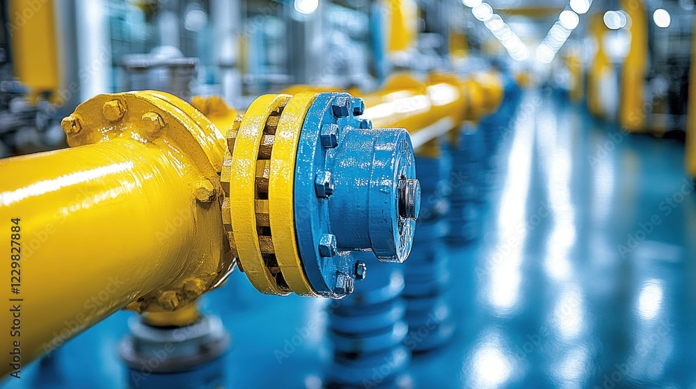 Yellow industrial pipeline with blue flange. Yellow industrial pipeline with blue flange.