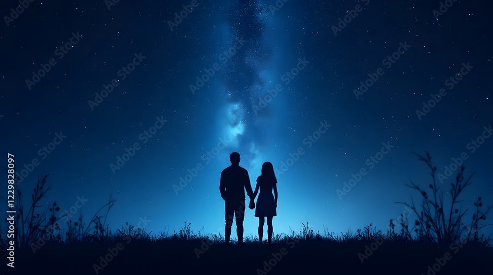 The silhouette of a pair that holds hands and look at the night blue sky with bright stars. The silhouette of a pair that holds hands and look at the night blue sky with bright stars.