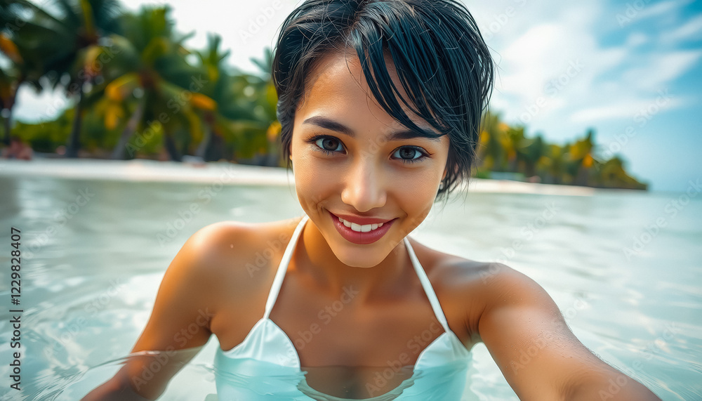 Close-up of a brunette woman with short hair enjoying the warm, crystal-clear tropical waters, surrounded by palm trees. Close-up of a brunette woman with short hair enjoying the warm, crystal-clear tropical waters, surrounded by palm trees.
