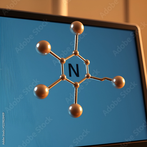 Overview of the molecule of nitrobenzene on the computer screen. Loopable 3d animation photo