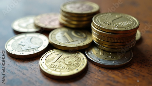 Artistic Arrangement of Euro Coins with Intricate Details, Ideal for Financial Marketing, E-commerce, and Educational Materials photo