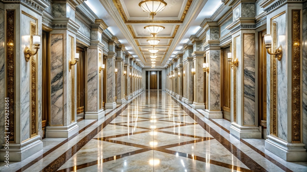Long shot of a marble hallway lined with identical marble pillars and ornate mirrors, interior, hallway, lighting Long shot of a marble hallway lined with identical marble pillars and ornate mirrors, interior, hallway, lighting