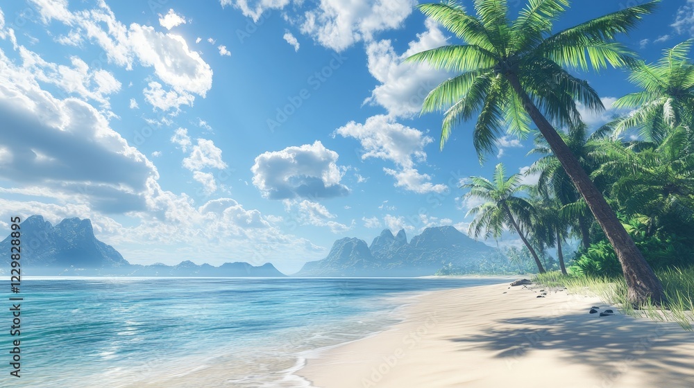 Obraz premium Serene tropical beach with tall palm trees, blue skies, and soft sand. Ideal for travel, tourism, and vacation promotions, appealing to beach lovers and travel companies.