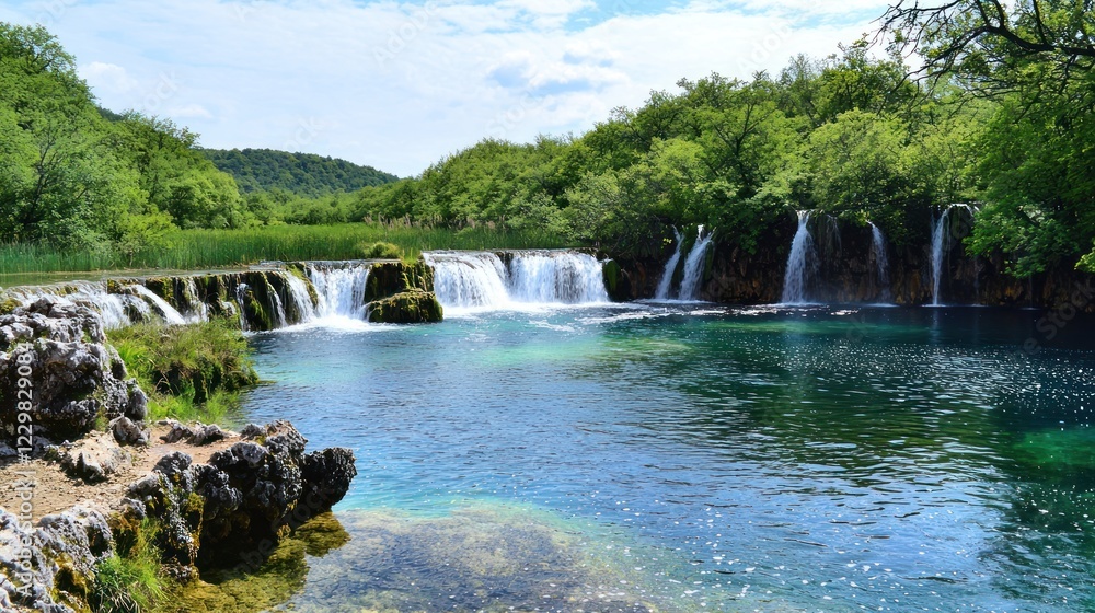 Obraz premium Serene Waterfall Landscape With Lush Greenery