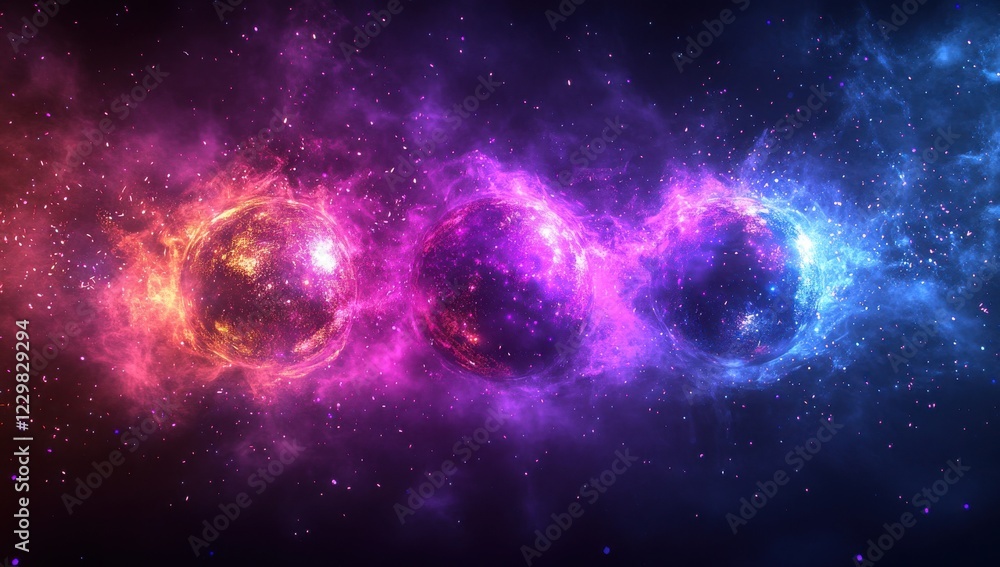Naklejka premium Ethereal Cosmic Nebula with Colorful Spheres in Space, Stunning Galaxy Background, Vibrant Purple, Pink, and Blue Colors in Universe