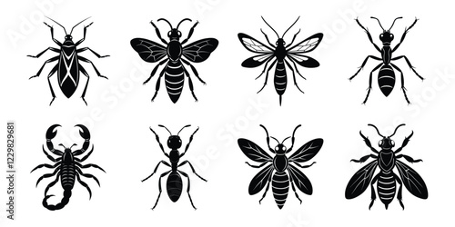 Set of insects silhouettes. Vector illustrations poisonous insects isolated on white background