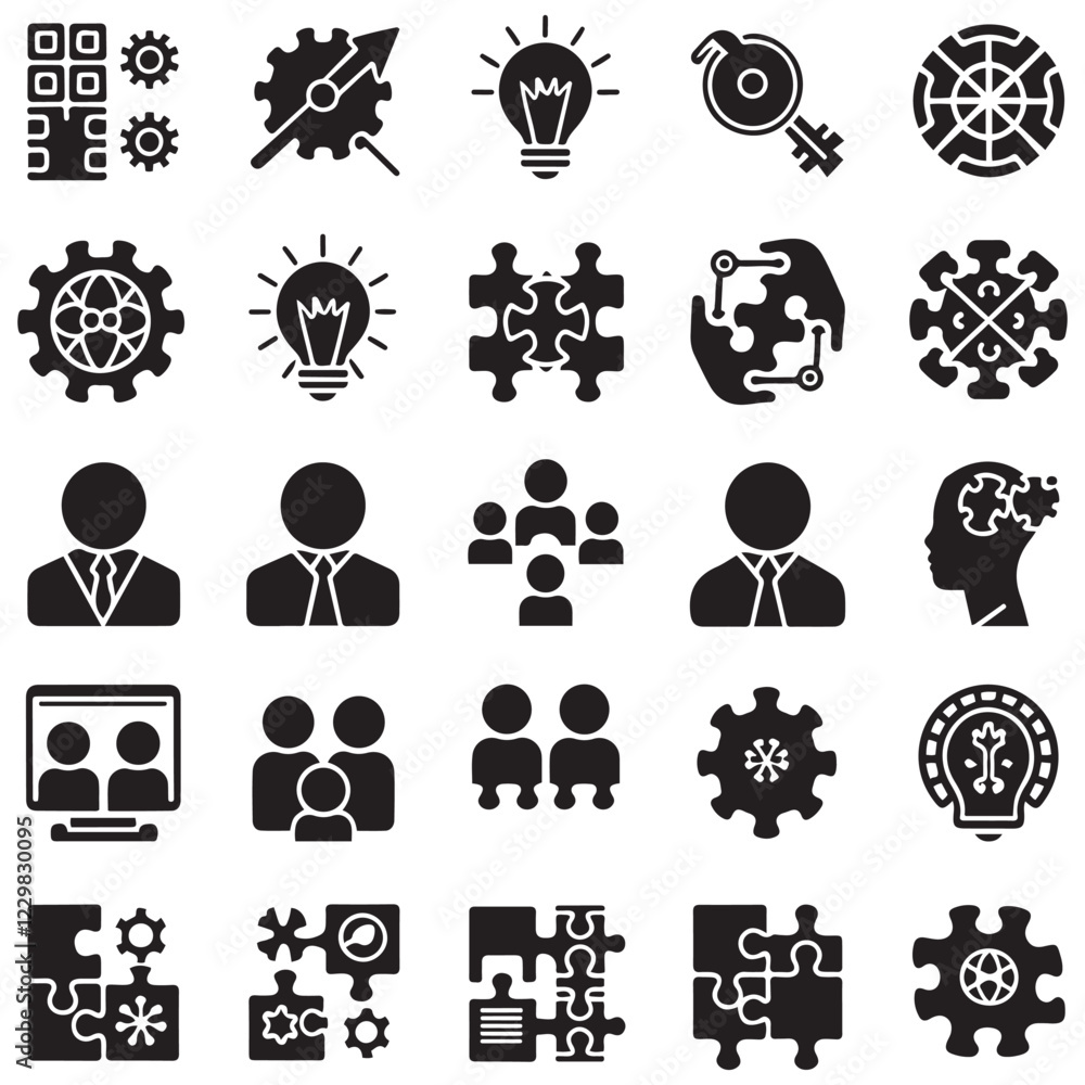 Solution flat icon vector set silhouette. Containing problem solving, light bulb, idea, strategy, creativity, innovation, meeting, teamwork, connecting, management, puzzle Solution flat icon vector set silhouette. Containing problem solving, light bulb, idea, strategy, creativity, innovation, meeting, teamwork, connecting, management, puzzle
