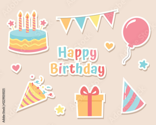 Birthday party elements. Happy birthday sticker set. vector illustration