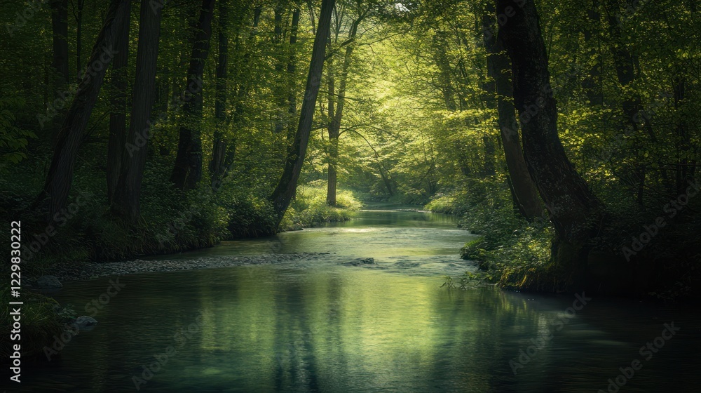 Obraz premium Serene forest stream, sunlight dappling, calm water, peaceful nature scene, ideal for relaxation