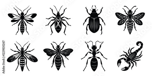 Set of insects silhouettes. Vector illustrations poisonous insects isolated on white background