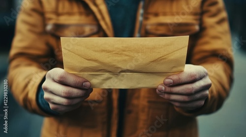 a man holds out a blank paper to the viewer, creating a sense of mystery and intrigue. The paper is slightly crumpled, adding texture and a touch of casualness to the composition. photo