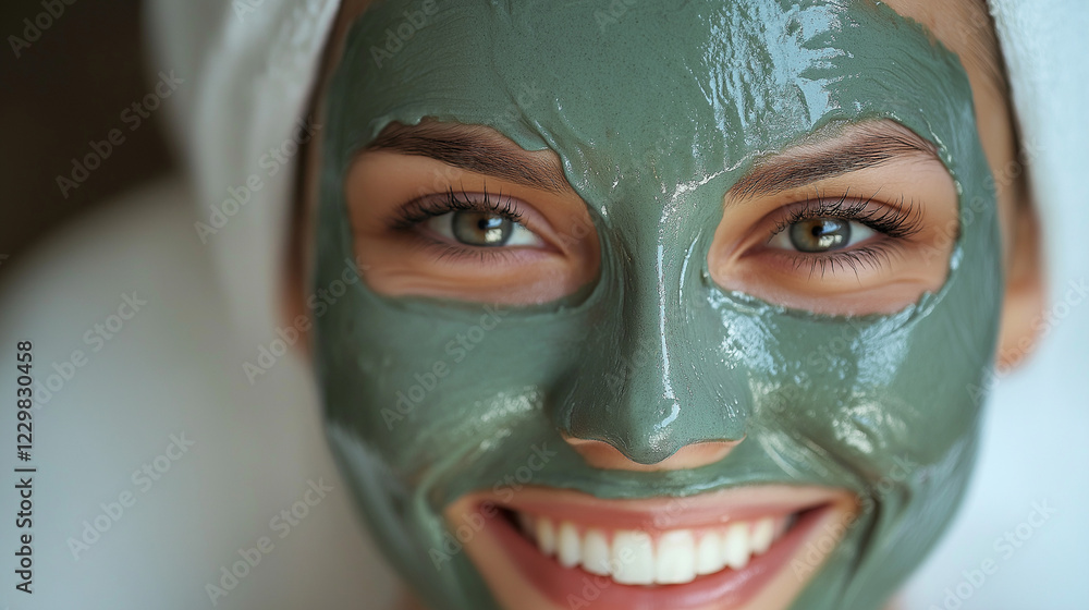 Smiling woman with green clay facial mask in close-up. Perfect for skincare, beauty treatments, and spa wellness content. Smiling woman with green clay facial mask in close-up. Perfect for skincare, beauty treatments, and spa wellness content.