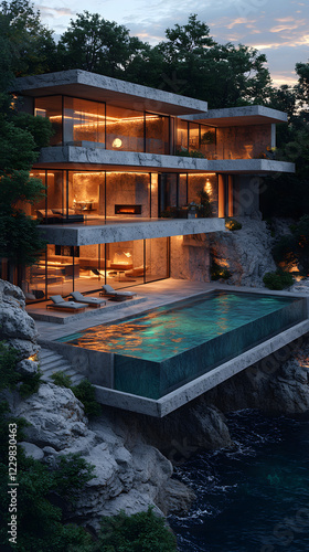 Wallpaper Mural Luxurious Waterside Villa With Infinity Pool at Sunset Overlooking the Ocean Torontodigital.ca