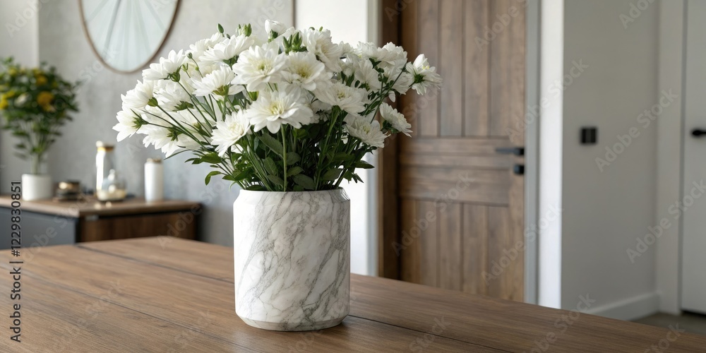 Fototapeta premium Marble vase filled with white flowers on a wooden table, marble decor, table setting, interior design elements