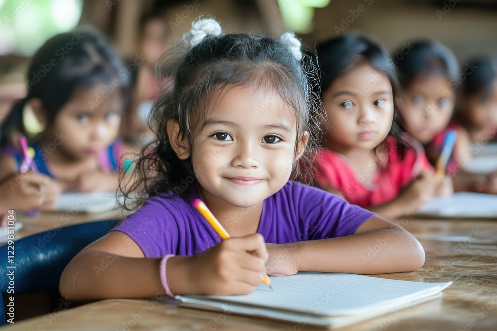 Young girls are at a classroom table writing in notebooks Young girls are at a classroom table writing in notebooks