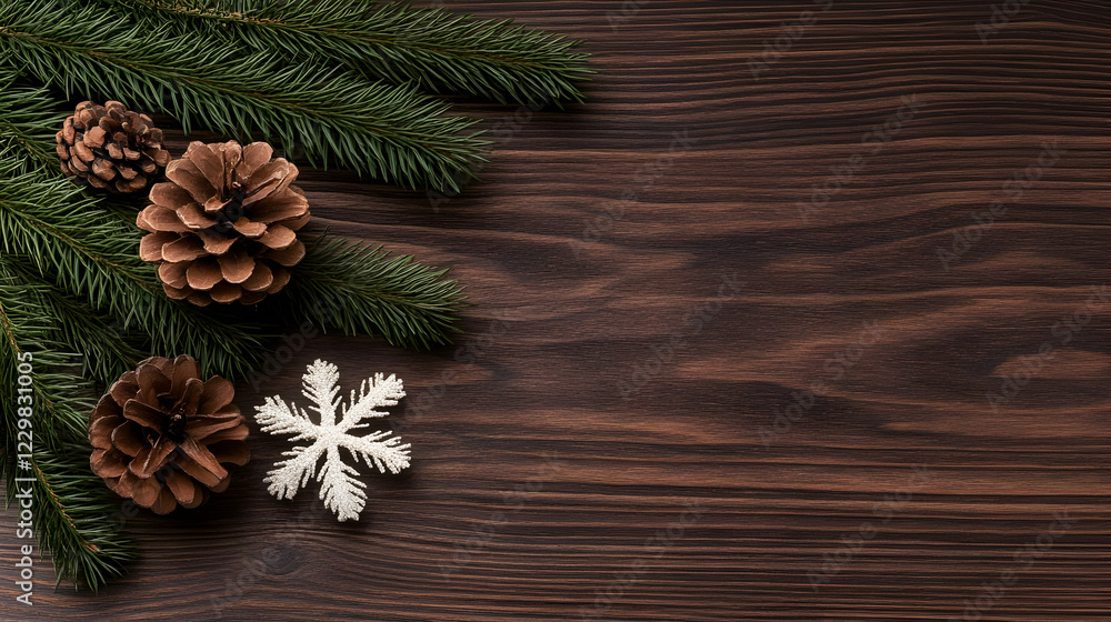 Festive pine cones, snowflake, wood background. Holiday greeting card Festive pine cones, snowflake, wood background. Holiday greeting card