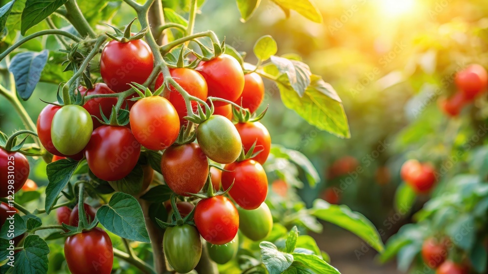 Mature tomato plant with green leaves and red fruit in a sunny outdoor setting, vegetable garden design, natural beauty, edible flowers Mature tomato plant with green leaves and red fruit in a sunny outdoor setting, vegetable garden design, natural beauty, edible flowers