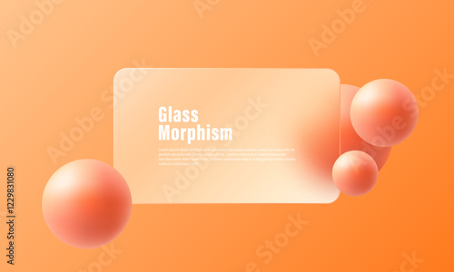 Glass morphism website landing page template. Background with glass partition and levitation spheres.