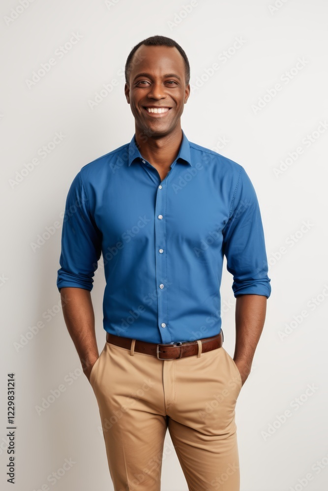 smiling man in blue shirt and tan pants standing against a white wall smiling man in blue shirt and tan pants standing against a white wall